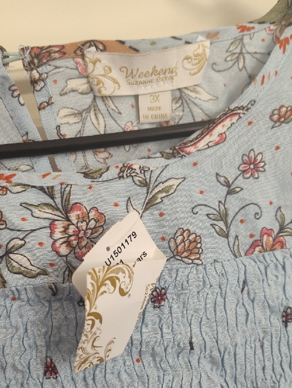 Light Blue Floral Smocked Boho Tunic with Border Trim - Picture 6 of 7